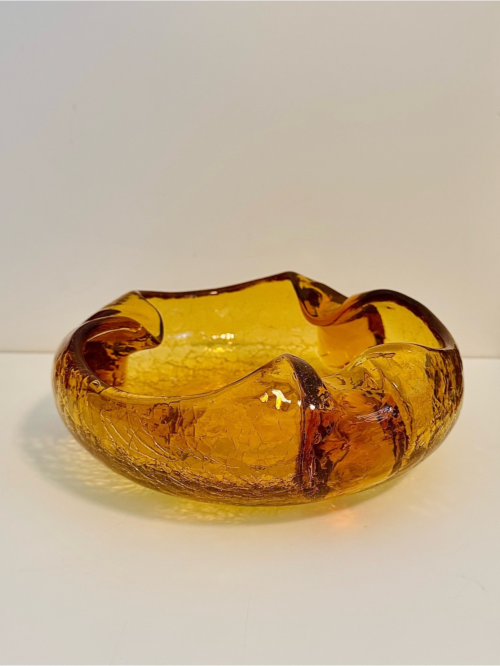 MCM Viking Glass Co. Amber Crackle Glass Cigar Ashtray